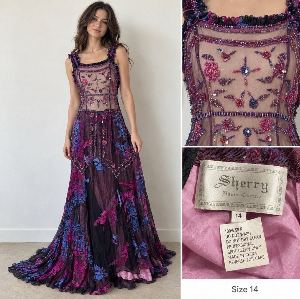 Vtg Fairy-core Sherry Haute Couture Mermaid Gown 14 Beaded Floral Silk (FLAWS)